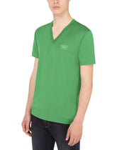 Cotton v-neck t-shirt with branded plate - | Dolce & Gabbana