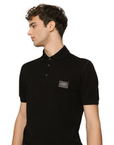 Cotton piqué polo-shirt with branded tag - | Dolce & Gabbana