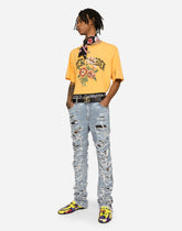 Printed cotton T-shirt with floral embroidery - | Dolce & Gabbana