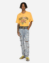 Printed cotton T-shirt with floral embroidery - | Dolce & Gabbana