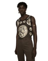 Coin print tank top in cotton and linen - | Dolce & Gabbana