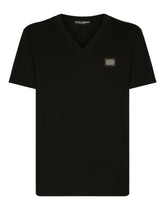 Cotton V-neck T-shirt with branded tag - | Dolce & Gabbana