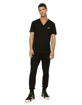 Cotton V-neck T-shirt with branded tag - | Dolce & Gabbana