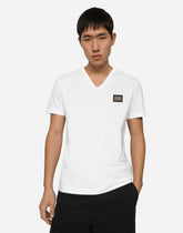 Cotton V-neck T-shirt with branded tag - | Dolce & Gabbana