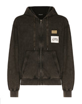 Washed jersey hoodie with logo zipper - | Dolce & Gabbana