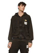 Washed jersey hoodie with logo zipper - | Dolce & Gabbana