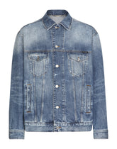 Blue denim jacket with abrasions and tag - | Dolce & Gabbana