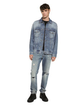 Blue denim jacket with abrasions and tag - | Dolce & Gabbana