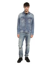 Blue denim jacket with abrasions and tag - | Dolce & Gabbana