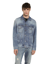 Blue denim jacket with abrasions and tag - | Dolce & Gabbana