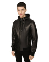 Leather jacket with hood and branded tag - | Dolce & Gabbana