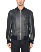 Leather jacket with branded tag - | Dolce & Gabbana