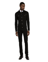 Stretch denim jacket with rhinestone embroidery - | Dolce & Gabbana