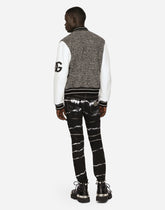 Leather and glen plaid wool jacket with patch - | Dolce & Gabbana