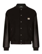 Wool jacket with faux leather sleeves and tag - | Dolce & Gabbana