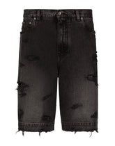 Gray denim shorts with abrasions - | Dolce & Gabbana