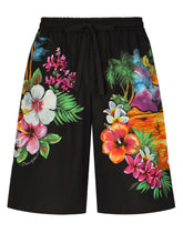 Cotton jogging shorts with Hawaiian print - | Dolce & Gabbana