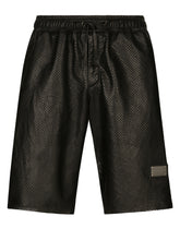 Openwork leather Bermuda jogging pants with brand plate - | Dolce & Gabbana