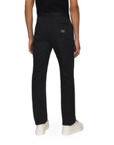 Stretch cotton pants with branded tag - | Dolce & Gabbana