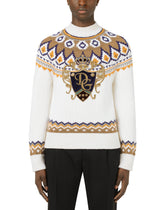 Wool round-neck sweater with patch and intarsia - | Dolce & Gabbana