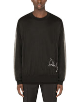 Round-neck cotton sweater with mesh lining and embroidery - | Dolce & Gabbana