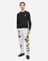 Wool round-neck sweater with embroidery - | Dolce & Gabbana