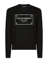 Round-neck wool sweater with logo tag inlay - | Dolce & Gabbana