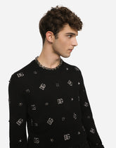 Wool round-neck sweater with DG embroidery and studs - | Dolce & Gabbana