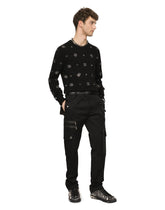 Wool round-neck sweater with DG embroidery and studs - | Dolce & Gabbana