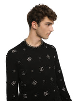 Wool round-neck sweater with DG embroidery and studs - | Dolce & Gabbana