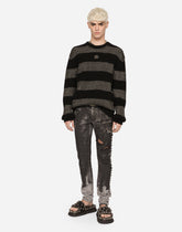 Round-neck striped cashmere sweater with DG patch - | Dolce & Gabbana