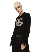 Round-neck cashmere sweater with DG logo and studs - | Dolce & Gabbana
