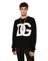Round-neck wool sweater with DG logo inlay - | Dolce & Gabbana