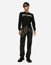 Round-neck wool sweater with embroidered logo - | Dolce & Gabbana