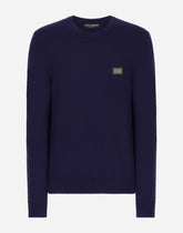 Wool round-neck sweater with branded tag - | Dolce & Gabbana