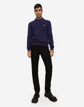 Wool round-neck sweater with branded tag - | Dolce & Gabbana
