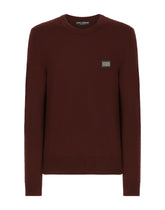 Wool round-neck sweater with branded tag - | Dolce & Gabbana
