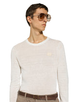 Linen round-neck sweater with branded tag - | Dolce & Gabbana
