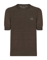 Linen round-neck sweater with branded tag - | Dolce & Gabbana