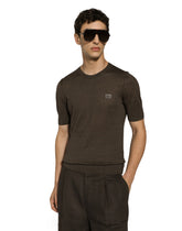 Linen round-neck sweater with branded tag - | Dolce & Gabbana