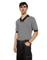 Striped cotton V-neck polo-shirt with DG logo - | Dolce & Gabbana