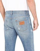 Light blue slim-fit stretch jeans with micro-rips - | Dolce & Gabbana