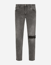Gray slim-fit stretch jeans with rips - | Dolce & Gabbana