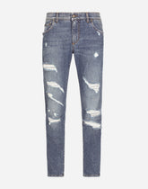 Mid blue slim-fit stretch jeans with rips - | Dolce & Gabbana