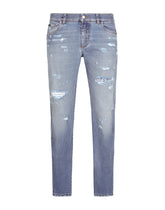 Light blue slim-fit stretch jeans with rips - | Dolce & Gabbana