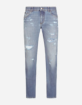 Light blue slim-fit stretch jeans with rips - | Dolce & Gabbana