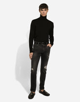Slim-fit gray stretch denim jeans with abrasions - | Dolce & Gabbana