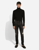 Slim-fit gray stretch denim jeans with abrasions - | Dolce & Gabbana
