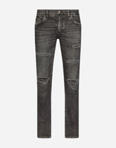 Gray skinny stretch jeans with rips - | Dolce & Gabbana
