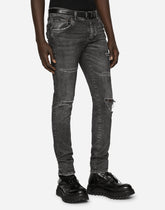 Gray skinny stretch jeans with rips - | Dolce & Gabbana